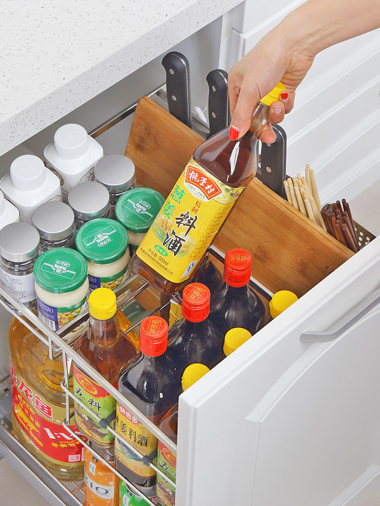 Dimitini Seasoning Pull-Out Basket Kitchen Cabinet 304 Stainless Steel Drawer-Type Spice Cabinet Seasoning Basket Built-In Storage