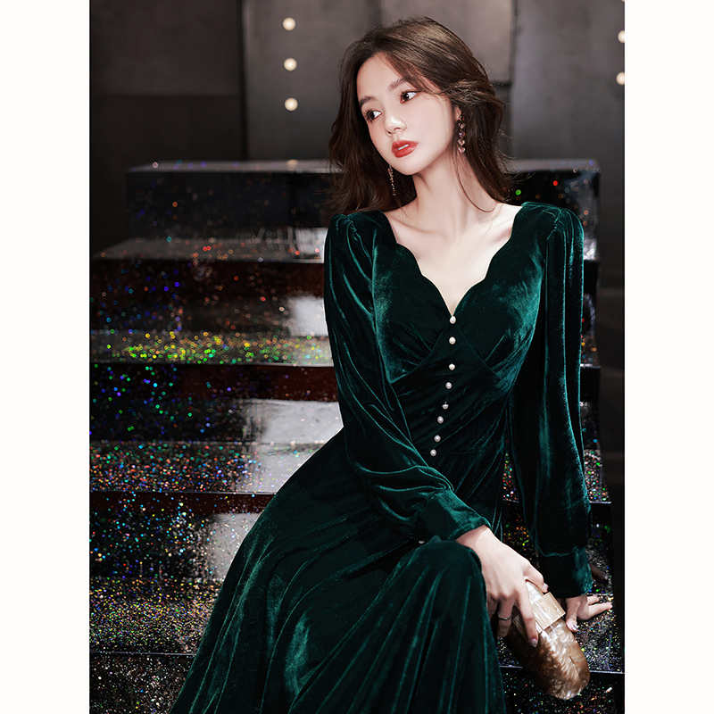 Velvet Evening Dress for Women 2026 New Style Elegant French Banquet Light Luxury Niche High-End Adult Host Dark Green Velvet Evening Dress for Women 2026 New Style Elegant French Banquet Light Luxury Niche High-End Adult Host Dark Green