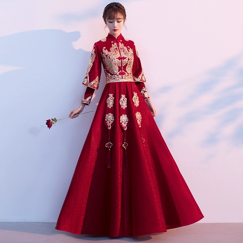 Вечернее платье, ципао, бордовый традиционный свадебный наряд Сюхэ, юбка, китайский стиль, коллекция 2023, премиум класс