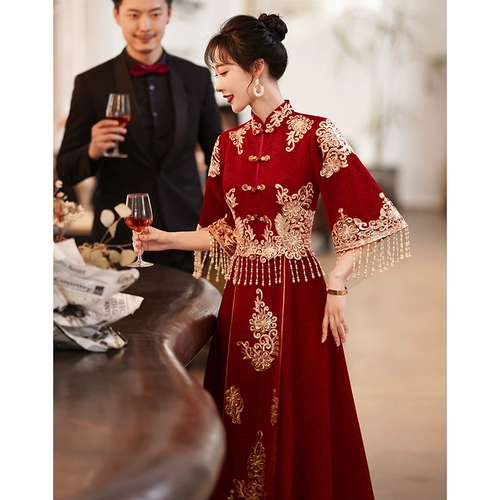 Вечернее платье, ципао, свадебное платье, демисезонный традиционный свадебный наряд Сюхэ, китайский стиль, изысканный стиль