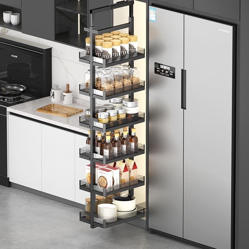 Kitchen Pull-Out Sky and Earth Rail Multi-Functional Storage High Cabinet High and Deep Pull Basket Cabinet Ultra-Narrow Storage Snack Cabinet