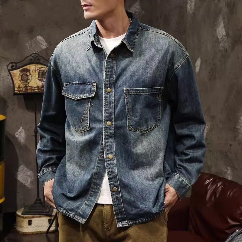American Retro Denim Sateen Long-Sleeve Shirt Jacket for Men, Loose Fit, Trendy Workwear Style, Suitable for Spring and Autumn