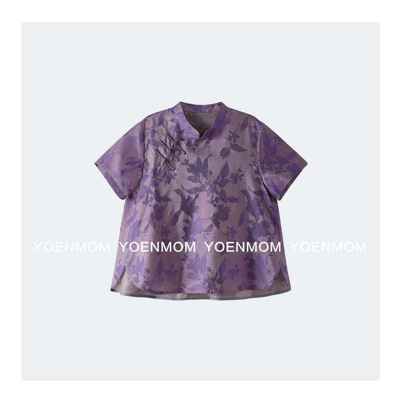 Yoenmom·Purple Flower Shadow·Silk Brocade with Gold Thread and Shimmering Silk, High-End Fine Sparkle, Diagonal Placket, Buttoned Stand Collar, Short Sleeves