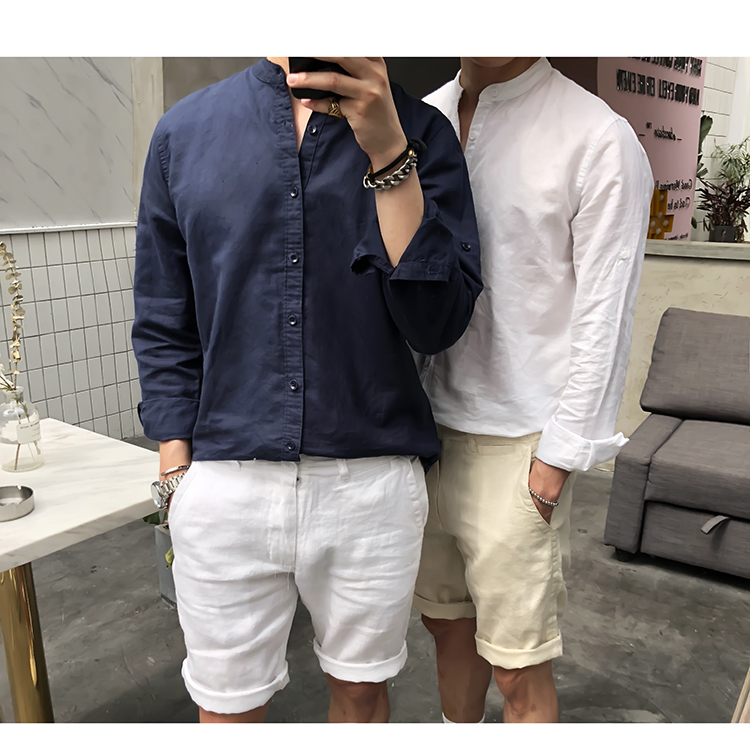 Title 15, Erkek Retro Dik Yakalı Keten Gömlek. Rahat ve ş...