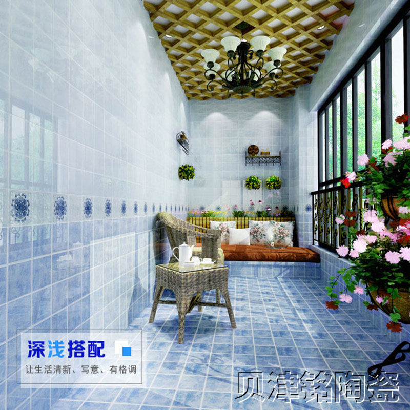 Blue grid kitchen wall tiles 300*450 Mediterranean deep and light blue bathroom tile floor tiles M45091