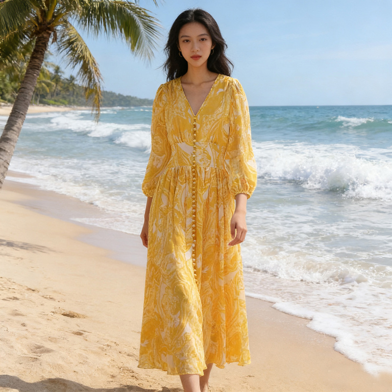 Beach Dress for Women, Yellow Dress for Seaside Vacation, Desert Dress, High-End Yellow Floral Dress, Bohemian Long Dress