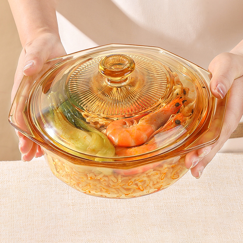 Amber glass bowl with two ears with lid steamed egg high temperature resistant household large amber soup bowl microwave oven special bowl