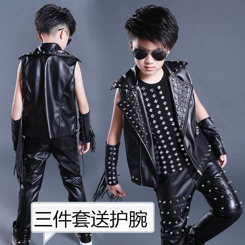 Handsome Children's Performance Clothing, Boys' Drum Performance Fashion, Primary School Students' Choir Stage Catwalk Rivet Leather Vest