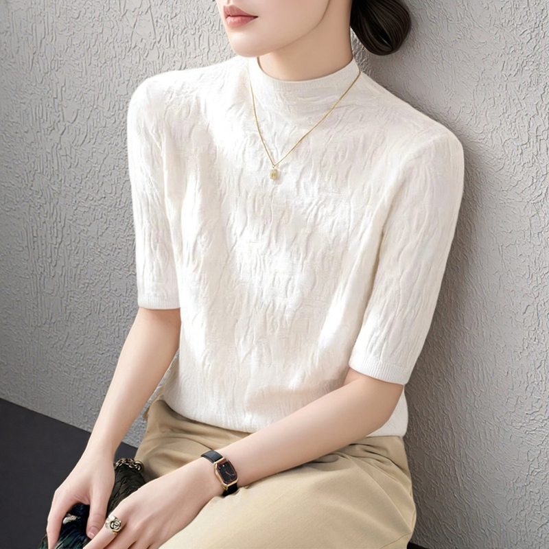 Summer Thin Textured Knit Sweater Round Neck Mid-Sleeve T-Shirt Women's Elegant Five-Point Short-Sleeve Base Shirt Top Blouse