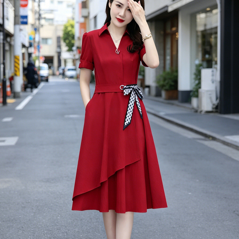 High-End, Elegant, Plus-Size Short-Sleeved Dress with Tie Waist, Slimming, Stylish, Belly-Covering Mid-Length Skirt, New Summer Style High-End, Elegant, Plus-Size Short-Sleeved Dress with Tie Waist, Slimming, Stylish, Belly-Covering Mid-Length Skirt, New Summer Style