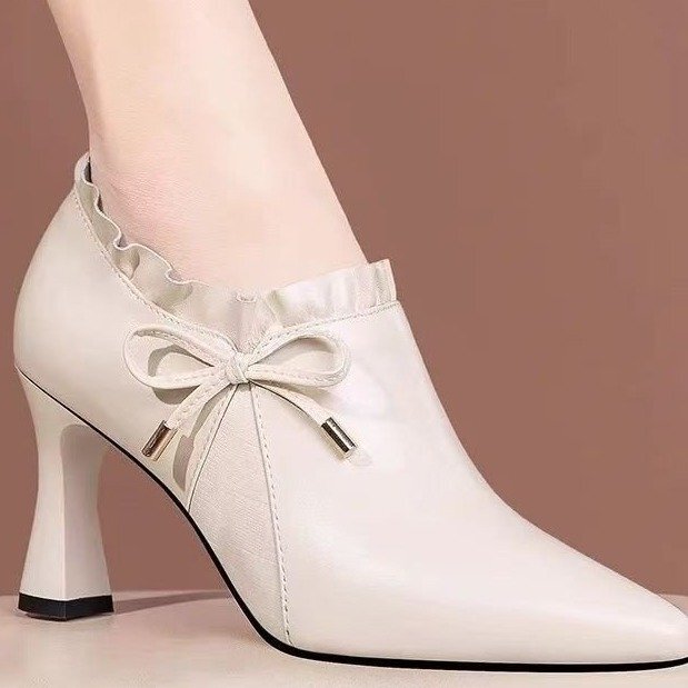Soft Genuine Leather Pointed Toe Deep-Cut High-Heeled Shoes for Women, Chunky Heel, 2026 New Fashion Bow Versatile Spring and Autumn Women's Shoes