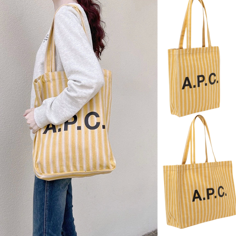 Apc Yellow and White Striped Large-Capacity Canvas Bag Japanese Designer Brand Women's Shoulder Retro School Commute Bag Summer Apc Yellow and White Striped Large-Capacity Canvas Bag Japanese Designer Brand Women's Shoulder Retro School Commute Bag Summer