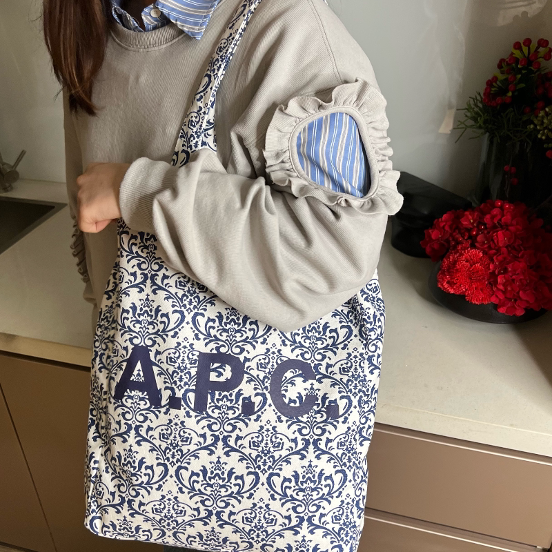 Apc Blue and White Blue and White Porcelain Shoulder Canvas Bag Large Capacity Commuter Canvas Bag Designer Big-Name Shopping Bag Japanese Style Style