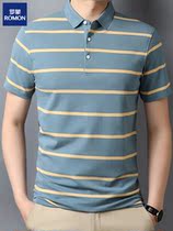 Romon middle-aged mens short-sleeved t-shirt 2022 new ice mercerized cotton thin section striped lapel loose polo shirt trend
