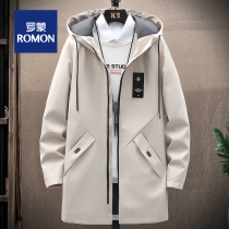 Romon casual windbreaker mens mid-length over-the-knee spring and autumn Korean style trendy hooded jacket loose handsome jacket all-match