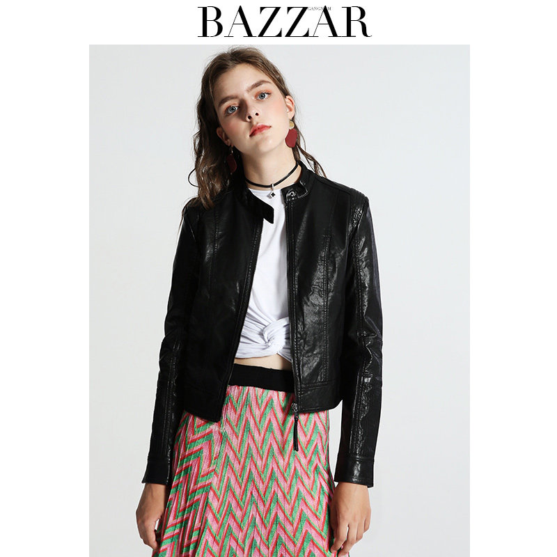 Giang nam Bazaar 2018 mùa thu mới cuff tua dây kéo hoang dã PU da nữ Slim áo khoác da cơ bản