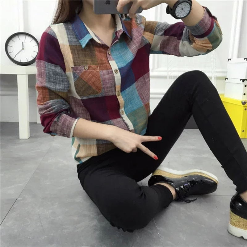 Qiqi mùa xuân và mùa thu mới kẻ sọc lớn cotton và vải lanh tay dài tay nữ tươi lỏng áo sơ mi hoang dã màu đáy áo áo sơ mi nữ dài tay công sở