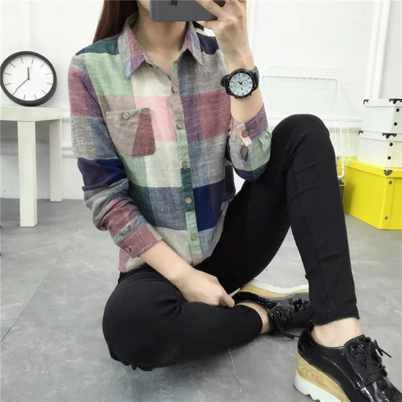 Qiqi mùa xuân và mùa thu mới kẻ sọc lớn cotton và vải lanh tay dài tay nữ tươi lỏng áo sơ mi hoang dã màu đáy áo áo sơ mi nữ dài tay công sở