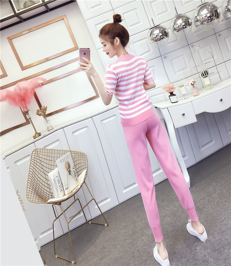 VK旗艦店 韓系休閒條紋抽繩針織套裝短袖褲裝