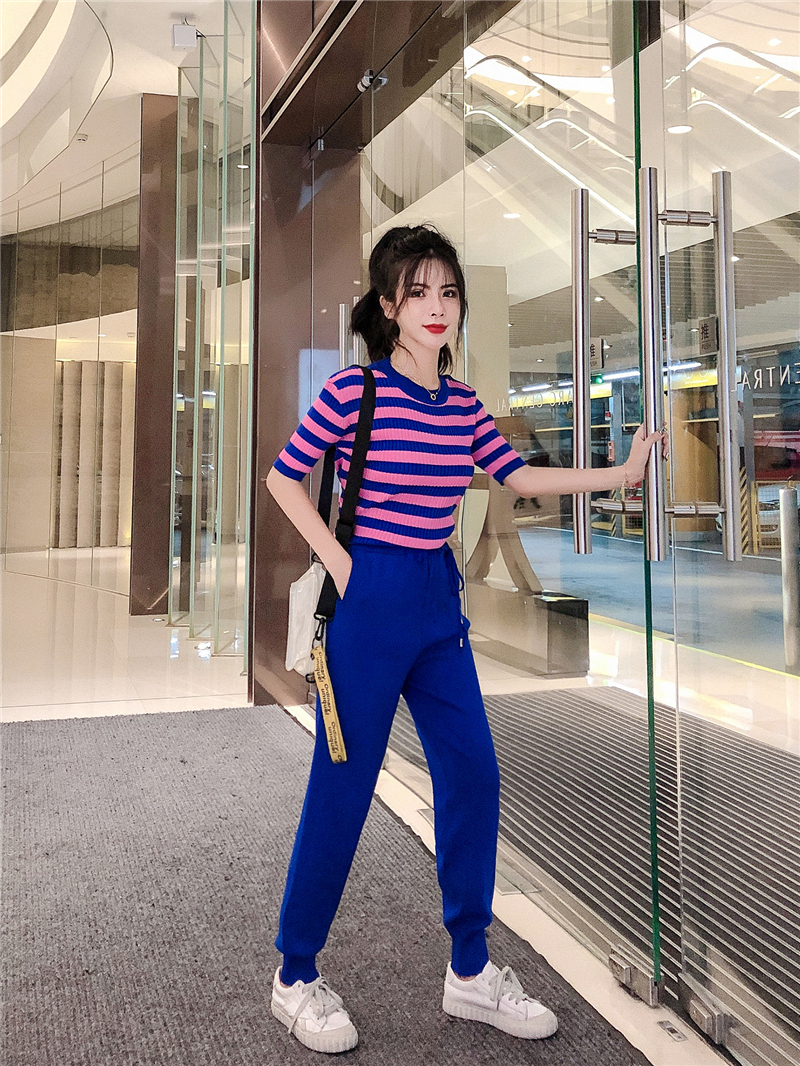 VK旗艦店 韓系休閒條紋抽繩針織套裝短袖褲裝