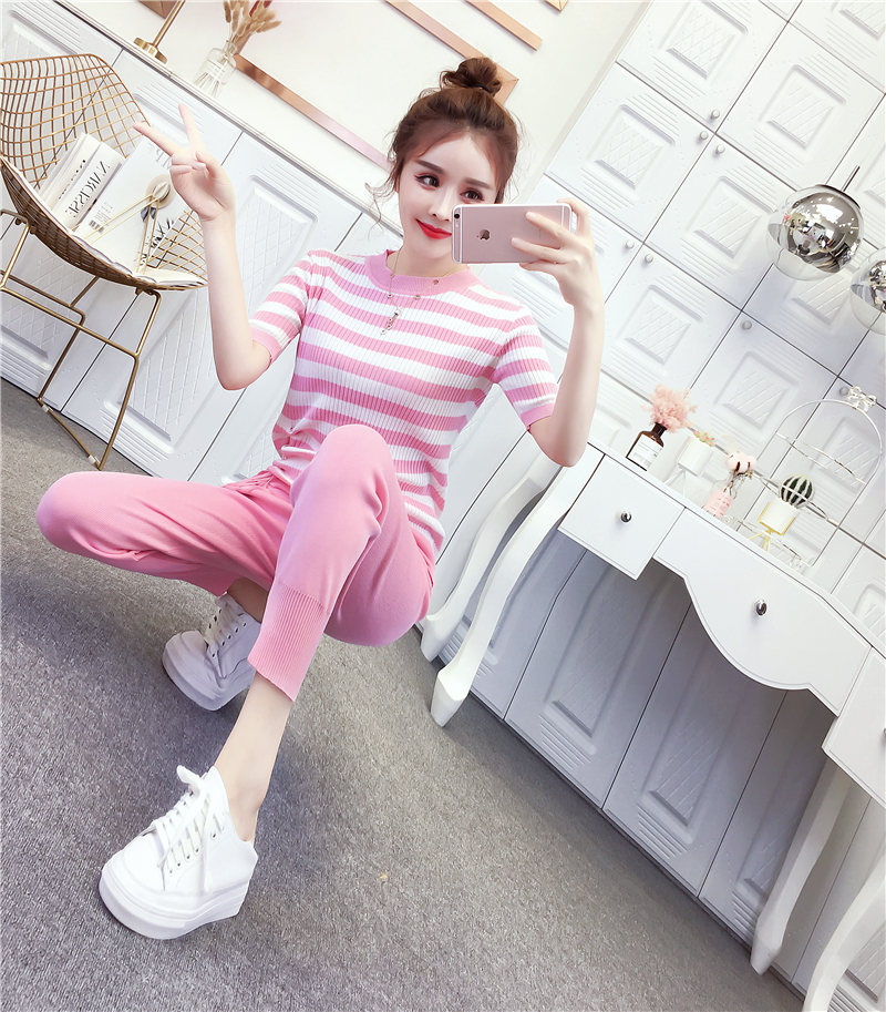 VK旗艦店 韓系休閒條紋抽繩針織套裝短袖褲裝