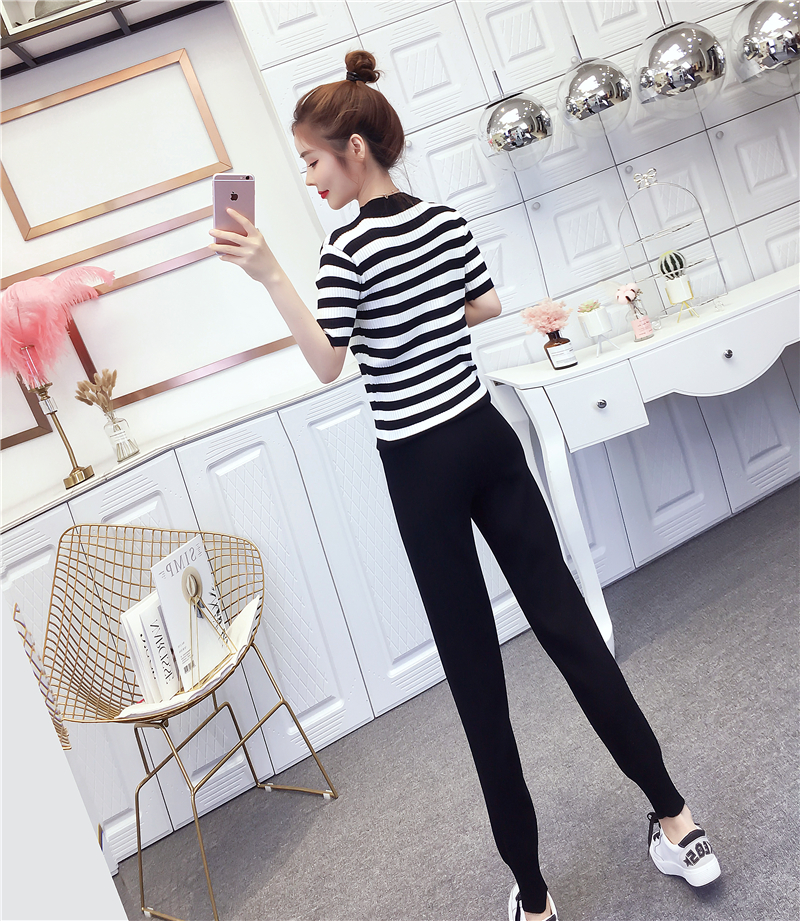 VK旗艦店 韓系休閒條紋抽繩針織套裝短袖褲裝