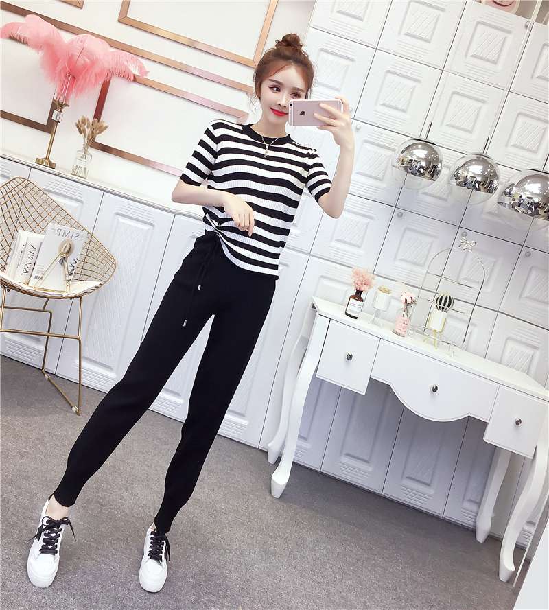 VK旗艦店 韓系休閒條紋抽繩針織套裝短袖褲裝