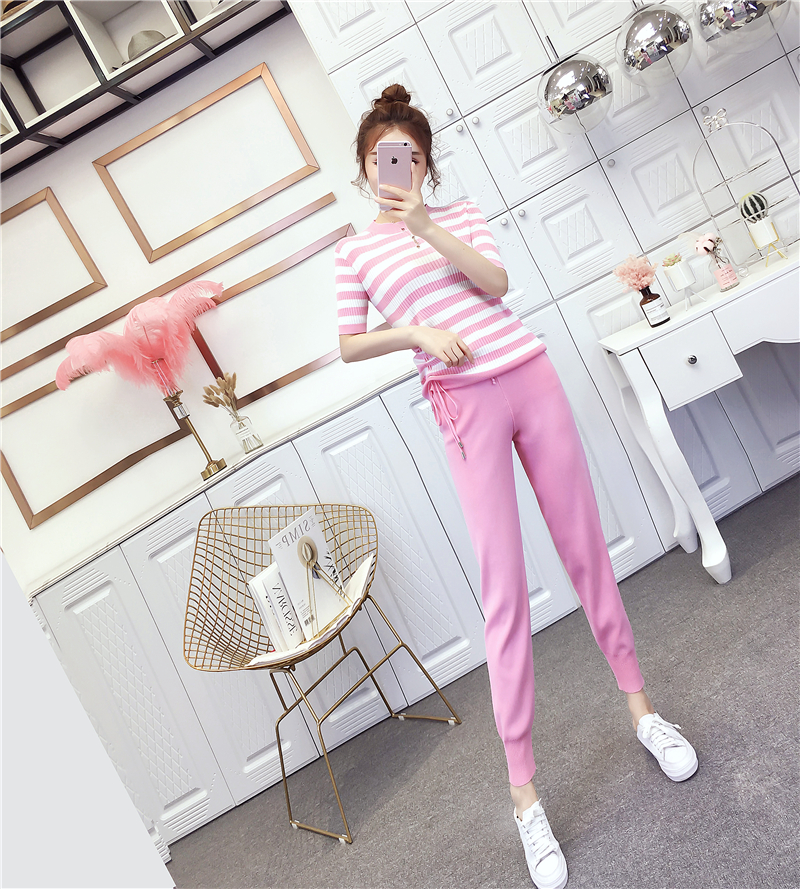 VK旗艦店 韓系休閒條紋抽繩針織套裝短袖褲裝