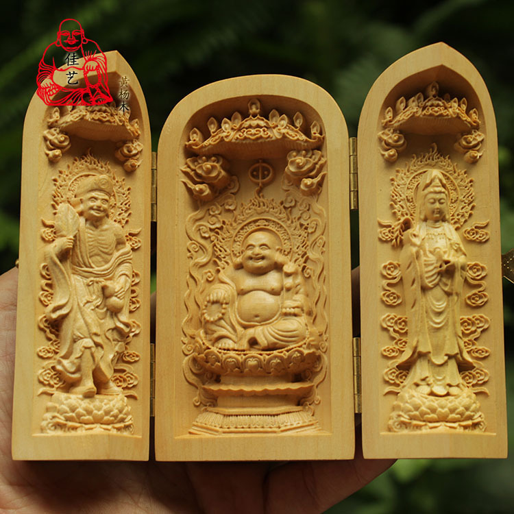 Jigong Maitreya Buddha Guanyin Folding Three-Faced Buddha Exquisite Boxwood Carving 10cm High Open-Box Small Ornament New Model
