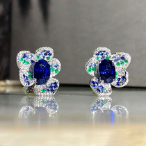 Guomao jewelry Royal Blue sapphire Shaflei full set diamond 18K gold three-dimensional flower earrings design