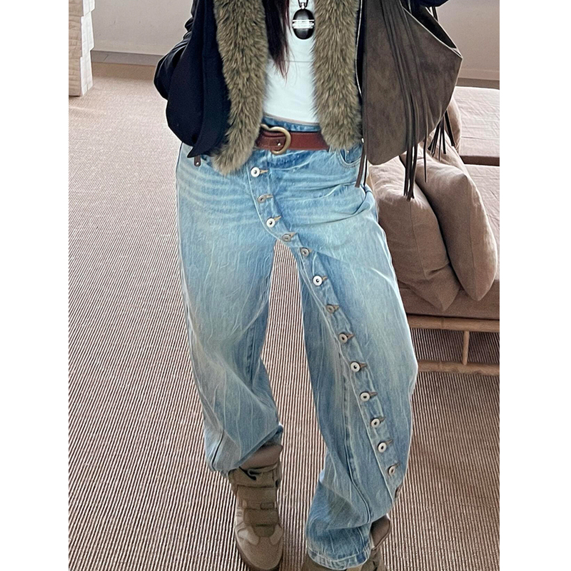 American-Style Spicy Girl Diagonal Placket Button Jeans for Women, Niche Retro Distressed Washed Loose Straight-Leg Floor-Length Pants American-Style Spicy Girl Diagonal Placket Button Jeans for Women, Niche Retro Distressed Washed Loose Straight-Leg Floor-Length Pants