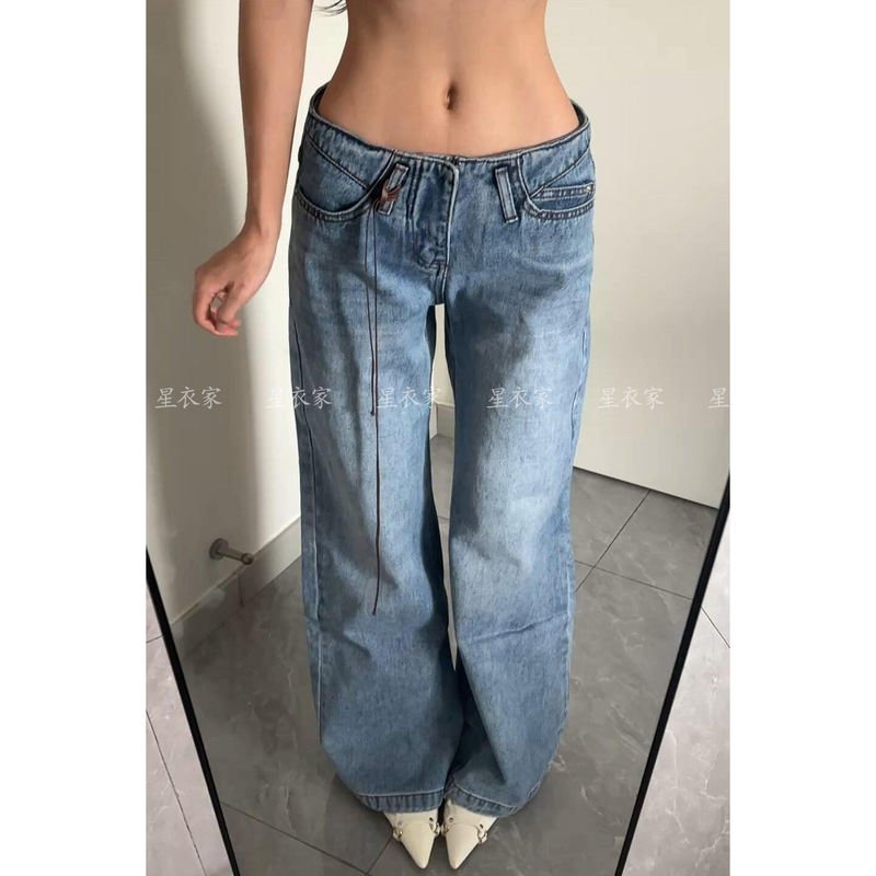 American Retro Design Distressed Low-Waist Jeans for Women Y2K Millennium Style Hot Girl Loose Straight-Leg Floor-Length Pants