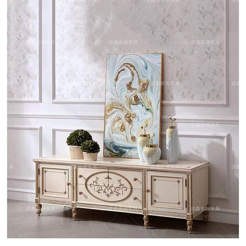 Fa-style retro-carved hand-painted solid wood TV cabinet tea table combined American living room high-end small family TV enclosure-Taobao