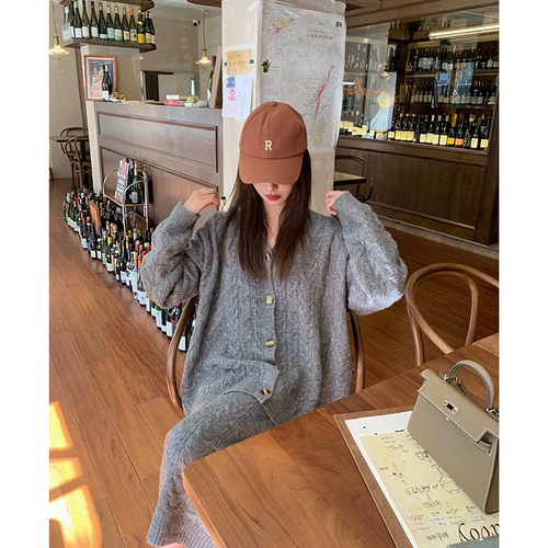 Свитер для отдыха с косичкой, трикотажный кардиган, юбка, комплект, свободный крой, V-образный вырез