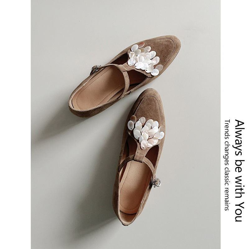2cm Mica Shell Shoes, French Mary Jane Mermaid Shoes with Mother-Of-Pearl Buckle, Grape Pink Single Shoes for Women, Almond Toe