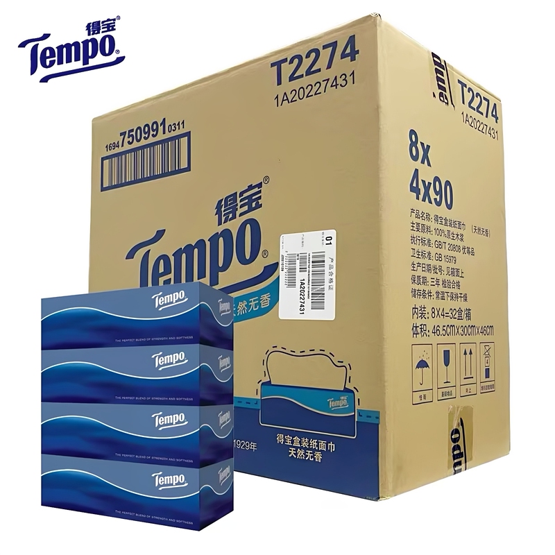 Tempo T2274 Hard Box Printed Tissue Paper, 3-Ply, 90 Sheets, Thickened, High-End Boxed Facial Tissues, 32 Boxes/Box