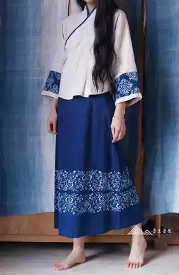 Wutu Wusheng recommends hand-painted blue retro [Butterfly Dance] handmade Maple dye half waist blue dye skirt split