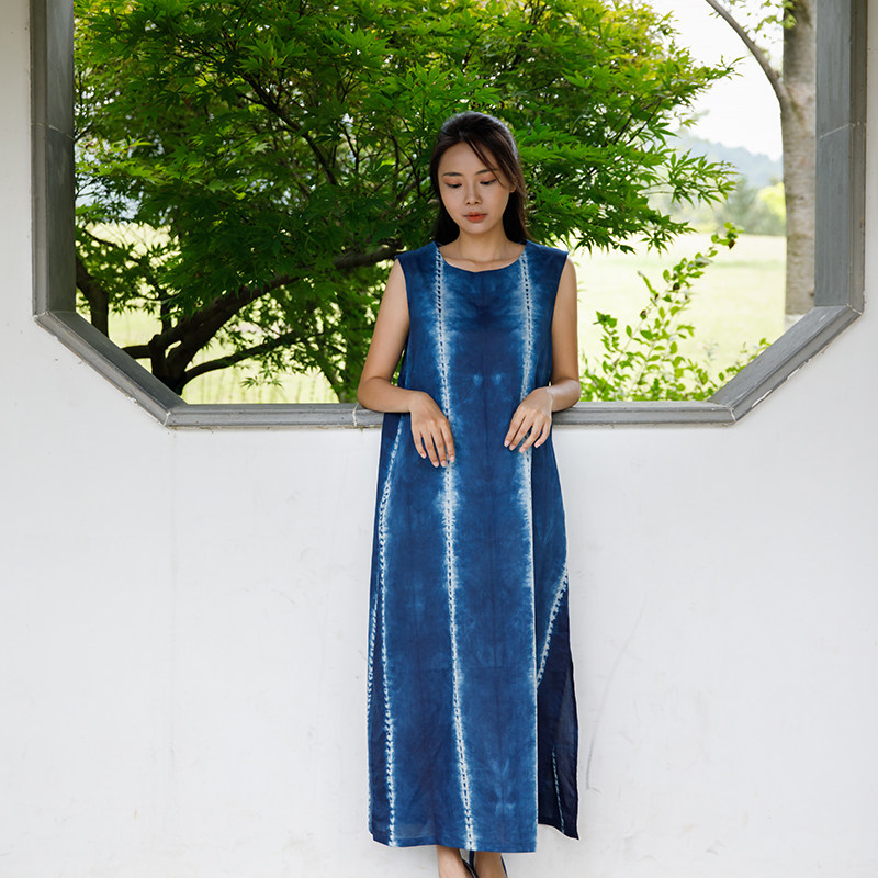 Our native ancient law blue dye handdyed pure cotton fuchsia silk striped sleeveless dress with long dresses head round neck