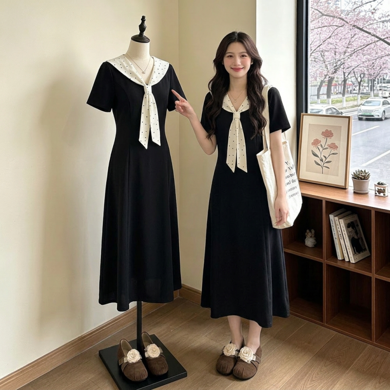 High-End Black Doll Collar Straight Shoulder Dress for Women 2026 New Summer Plus Size Slimming and Flattering Dress High-End Black Doll Collar Straight Shoulder Dress for Women 2026 New Summer Plus Size Slimming and Flattering Dress