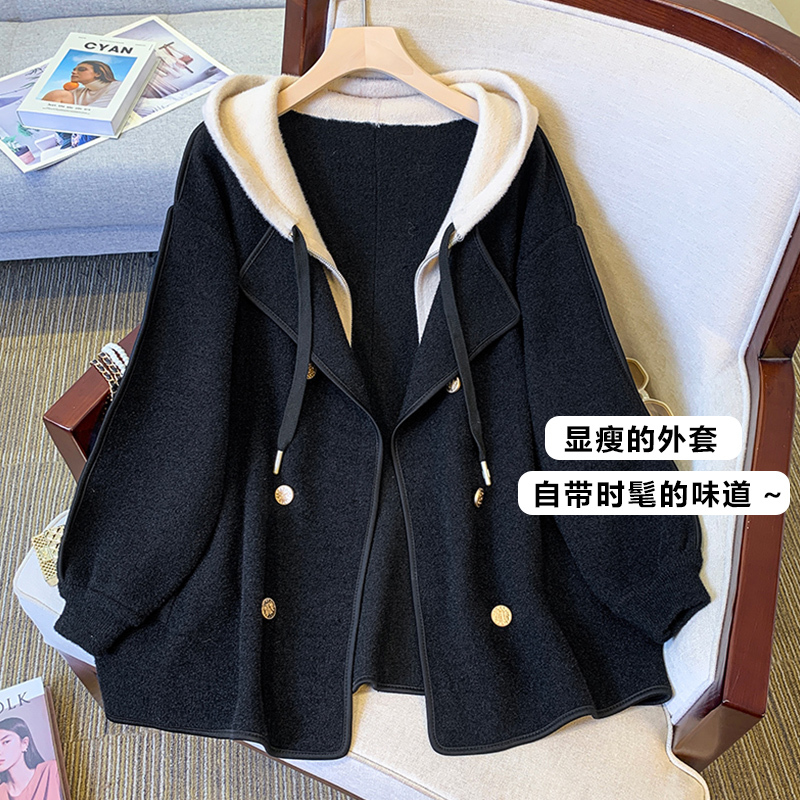 Trendy European-Style Faux Two-Piece Hooded Wool Coat for Women, Spring Plus Size, Slimming, Loose-Fitting, Double-Sided Cashmere Coat Trendy European-Style Faux Two-Piece Hooded Wool Coat for Women, Spring Plus Size, Slimming, Loose-Fitting, Double-Sided Cashmere Coat