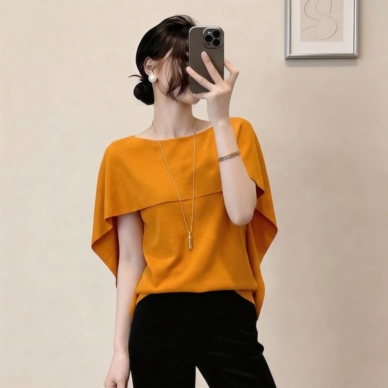 Pumpkin Orange Thin Shawl Short-Sleeve T-Shirt for Women 2026 New Summer Plus Size Slimming Unique Beautiful Top