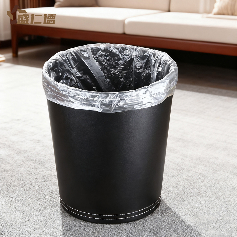 Sheng Ren De Leather Trash Basket for Home and Office, Black Simple Lidless Storage Bin, Round Waste Paper Basket Sheng Ren De Leather Trash Basket for Home and Office, Black Simple Lidless Storage Bin, Round Waste Paper Basket