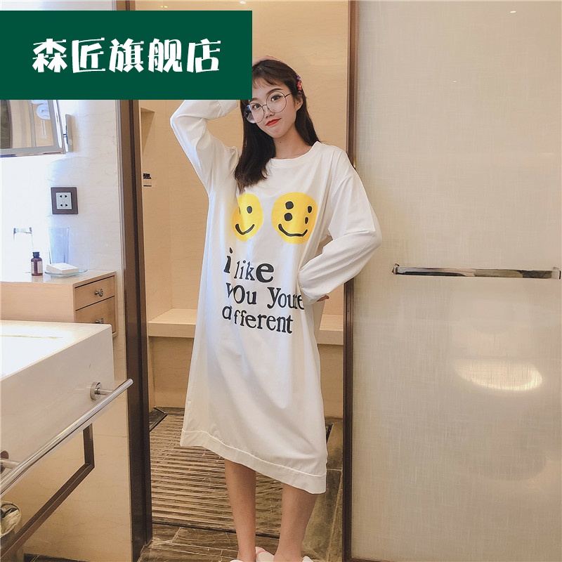 váy cotton ngủ womens dài sleevespring mùa xuân và mùa thu dài bộ đồ ngủ womens tinh khiết màu smiley face-to-nhà váy bên ngoài mặc một chiếc váy bảo vệ.