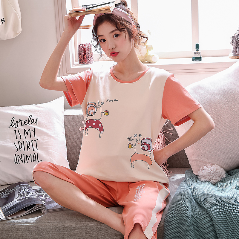 Mùa hè nữ bộ đồ ngủ ngắn tay bảy điểm quần mùa hè cô gái tươi mật ong loose-fitting quần áo nhà hai mảnh bộ.