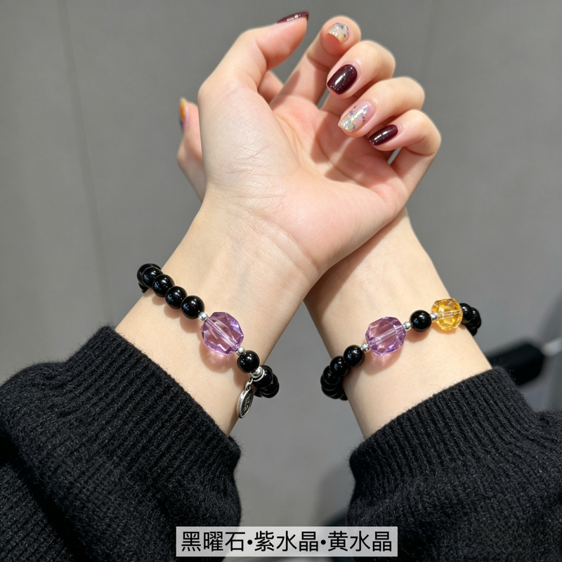 New Natural Amethyst, Citrine, Obsidian, and Sterling Silver Bracelet, Best Friend Style, Birthday Gift, Good Health and Safety