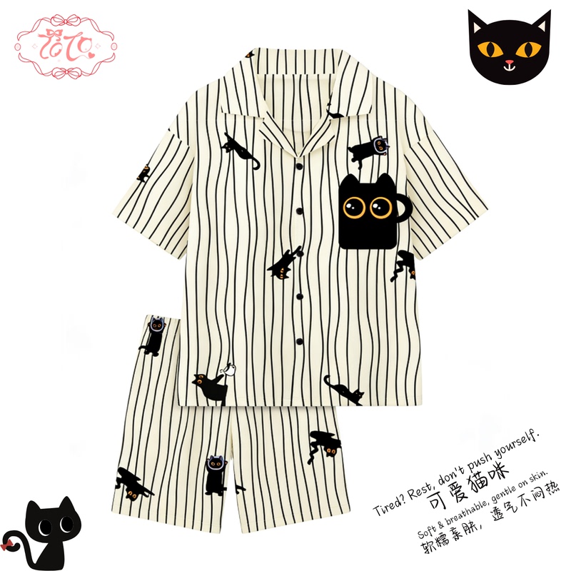 2026 New Style Pocket Black Cat Pajamas for Women, Summer High-End Short-Sleeve Ice Silk Plus-Size Loungewear Couple Set
