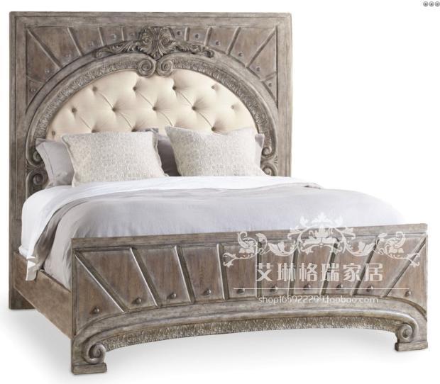 Retro modern American solid wood soft bag double bed French European neoclassical carved Mediterranean villa old bed