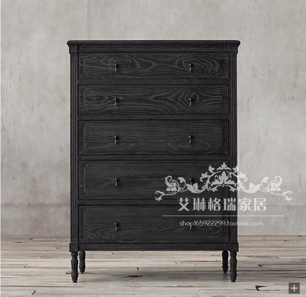 American country solid wood carved chest of drawers drawer cabinet living room side cabinet French weathered open black locker vertical cabinet