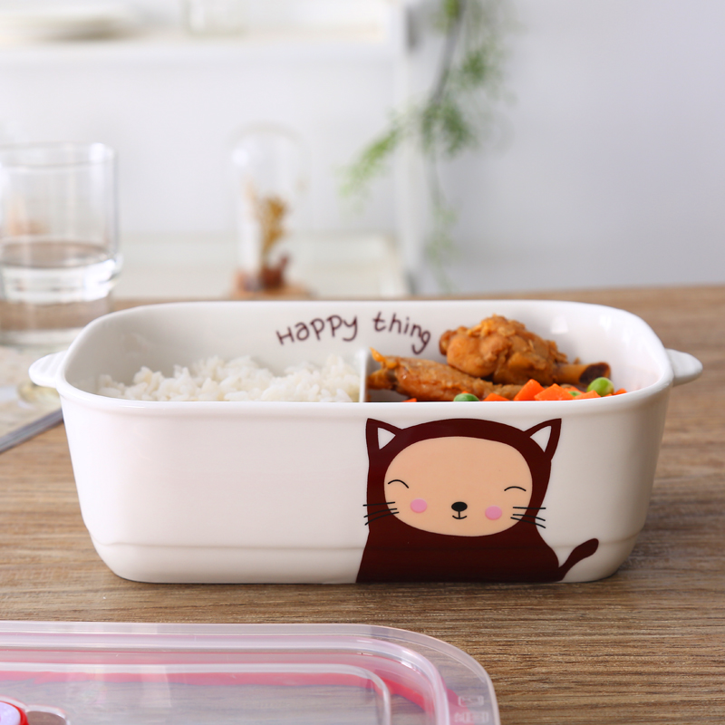 Split Lunch Box Ceramic Japan Style Lunch Box Can Microwave Oven Work Rectangular Separated Dining Box With Lid Dig Lunch Box