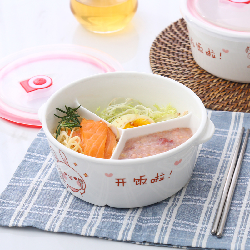 Japanese ceramic grid bento box Round bowl with lid Microwave oven separated lunch box Fresh bowl Student with rice lunch box